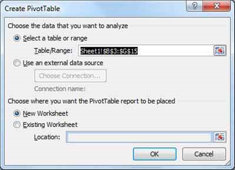 Sau khi click chọn tính năng pivot table, bạn click OK để có thể thiết lập một tính năng pivot table mới theo mặc định của excel như trong hình