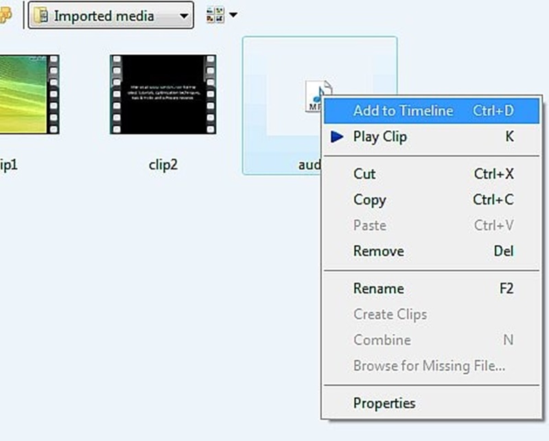 Sau đó, bạn cũng phải clip chuột phải vào file âm thanh đã chọn và nhấn add to timeline để phục vụ việc chỉnh sửa.